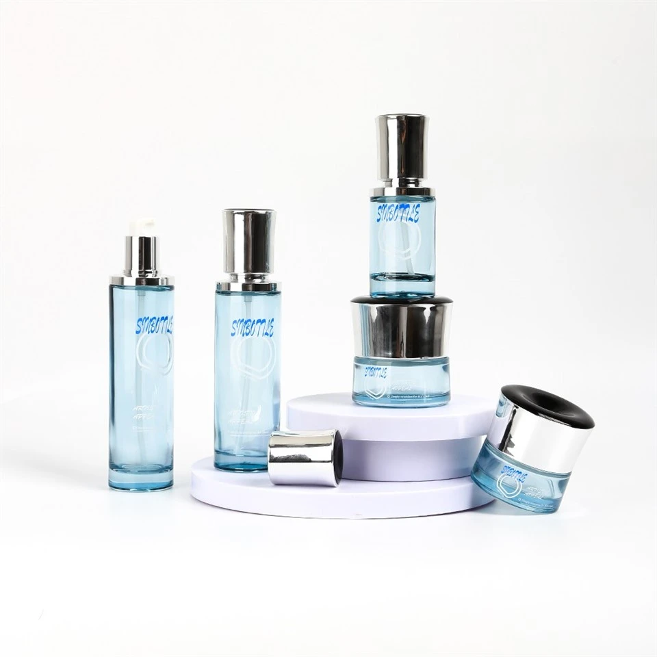 Thick Bottom Blue Glass Skincare Packaging Set Custom Lotion Bottle Cream Jar For Luxury Cosmetic Brands Wholesale high quality