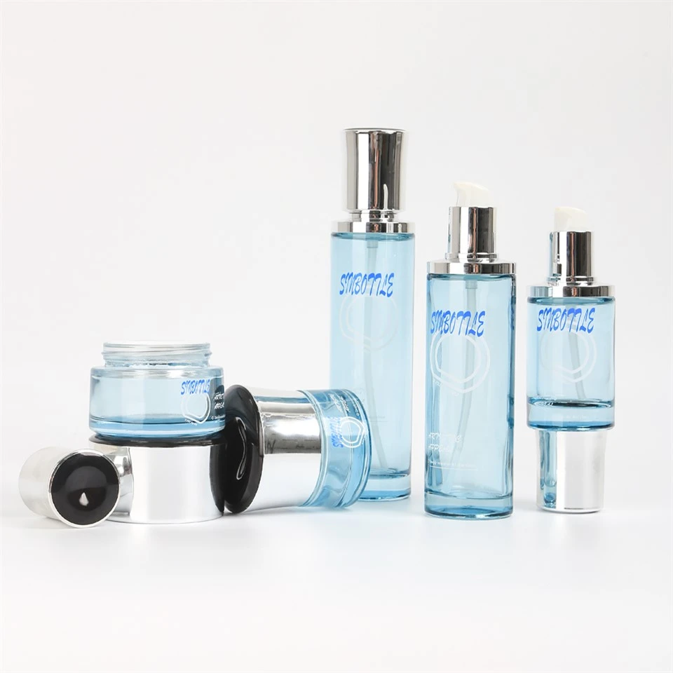 Thick Bottom Blue Glass Skincare Packaging Set Custom Lotion Bottle Cream Jar For Luxury Cosmetic Brands Wholesale