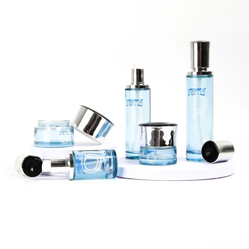 Thick Bottom Blue Glass Skincare Packaging Set Custom Lotion Bottle Cream Jar For Luxury Cosmetic Brands Wholesale best