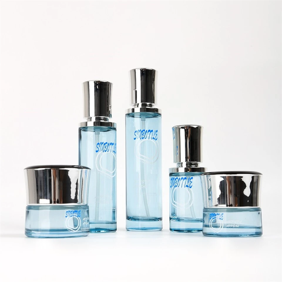 Thick Bottom Blue Glass Skincare Packaging Set Custom Lotion Bottle Cream Jar For Luxury Cosmetic Brands Wholesale factory