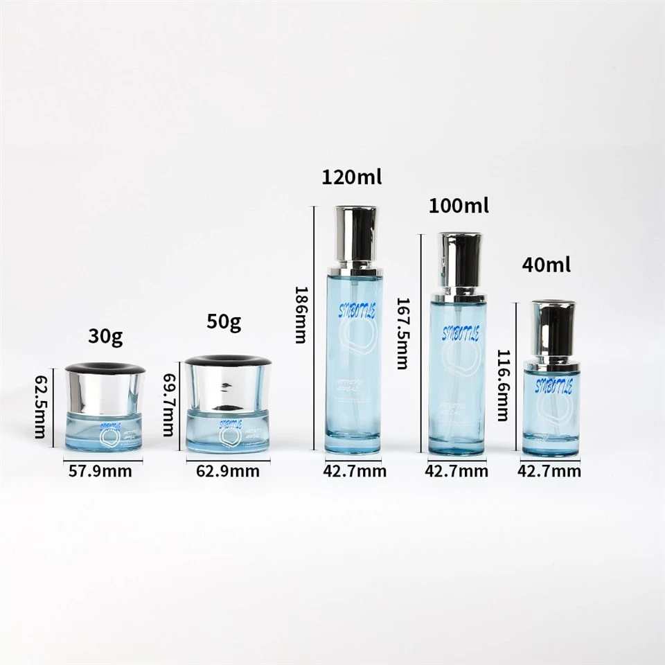 Thick Bottom Blue Glass Skincare Packaging Set Custom Lotion Bottle Cream Jar For Luxury Cosmetic Brands Wholesale suppliers